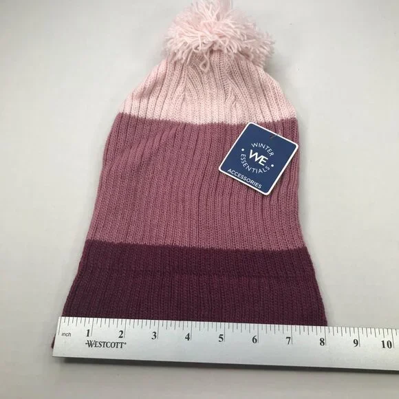 Winter Essentials Women's One Size Burgundy Stripes Knit Beanie Hat With Pom New - Picture 7 of 11